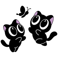 Adorable black cats playing with butterflies in a whimsical illustration for playful designs