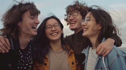 Fototapeta premium A group of four friends sharing joyous laughter outdoors, showcasing their close bond and the blissful moments of youth and friendship.