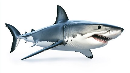 Fototapeta premium A Great White Shark swims with an open mouth, teeth, and a menacing expression.