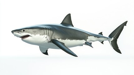 Obraz premium A great white shark with its mouth open, swimming in a white background.