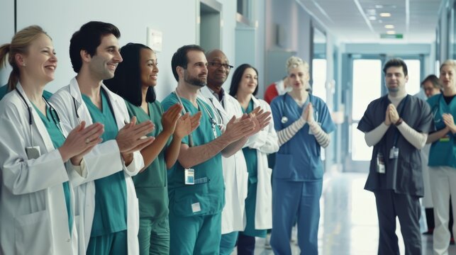 Hospital staff, including doctors and nurses, clapping and smiling in a hallway, representing unity, celebration, and appreciation in the healthcare environment.
