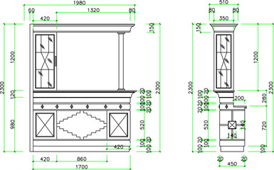 vector sketch, silhouette illustration, architectural design, interior drawing, vintage classic kitchen set furniture