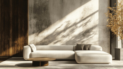 Boucle Sofa Against Concrete Wall in Minimalist Loft Living Room