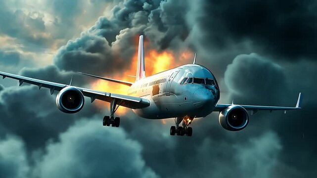 Flying aircraft with exploding engine just before air crash, A airplane on fire on a blue sky