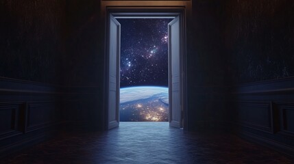 Open doors leading into space with views of Earth and stars create a sense of endless possibilities