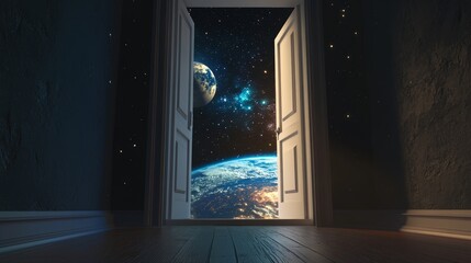 Open doors leading into space with views of Earth and stars create a sense of endless possibilities