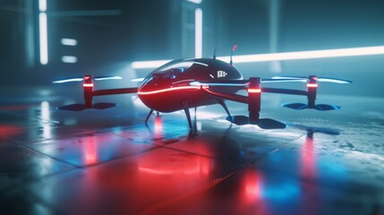 Fototapeta premium A futuristic drone with sleek design and neon lights resting on a reflective surface, exuding advanced technology and innovation.
