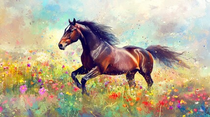 A stunning horse galloping through a vibrant field of flowers, filled with color and energy, capturing the beauty of nature.