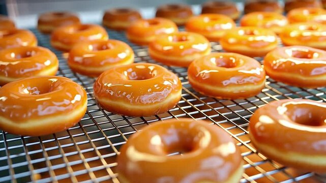 Freshly fried dozen glazed donuts on mesh tray	