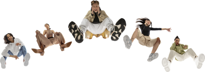 Diverse group of young men and women showing their fashion-forward looks, blending streetwear with elegance, isolated on white background, shot from the bottom. Fashion, youth, clothes, style concept