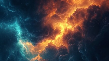 Fototapeta premium Dramatic image of dark clouds with bright orange and blue flashes of light, creating an atmosphere of stormy weather