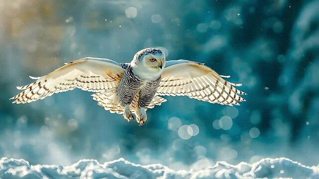 Snowy owl taking off in the snow, flying over a frosty field with snowflakes	