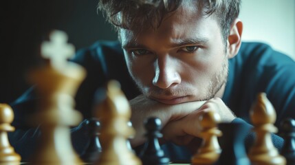 Obraz premium A young man stares intently at a chessboard, lost in thought.