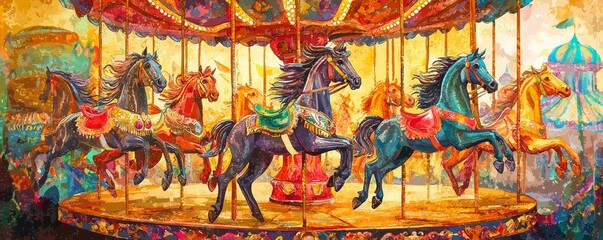 Fototapeta premium A vibrant carousel scene featuring colorful horses, lively atmosphere, and a nostalgic charm that captures childhood joy.