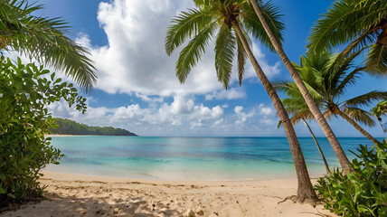 beach with palm trees, ocean and island sunny sky and paradise, holiday