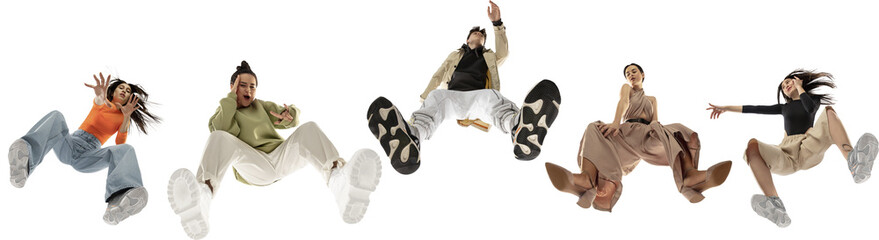 Blend of modern streetwear and casual elegance, young people posing in stylish clothes isolated on...