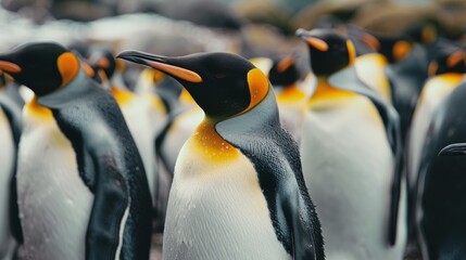 A flock of vibrant king penguins stands closely together, displaying their striking black, white, and yellow feathers in a natural habitat.