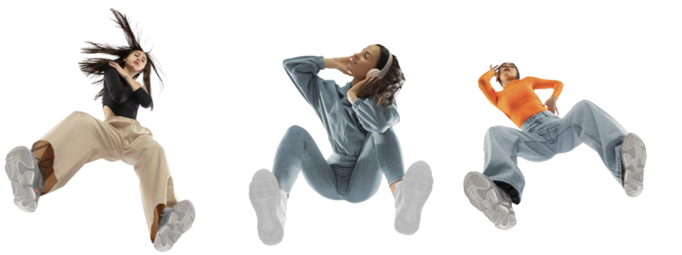 Young trendsetters, stylish girls wearing cool clothes, comfortable and cutting-edge clothes, isolated on white background, shot from the bottom. Concept of fashion, youth, clothes, freedom