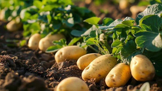 Ripe potato growing on field. Organic farming, Growing potato harvest and producing vegetables cultivation	