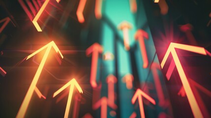 A dynamic array of glowing arrows in a digital environment, all pointing upwards, symbolizes futuristic progress and technological advancement.