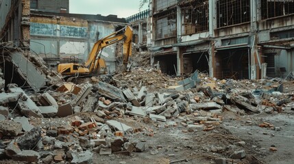 Fototapeta premium An industrial construction site in disarray, with debris and rubble surrounding a yellow excavator amid partial demolition.