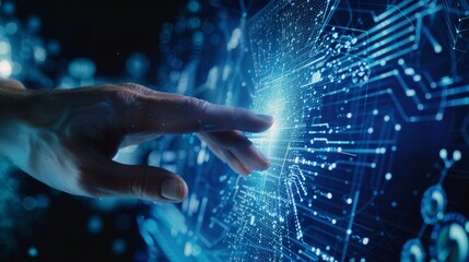 A hand reaching out to a glowing, intricately designed digital interface, symbolizing high-tech interaction and innovation.