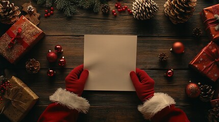 Obraz premium Cheerful Santa's Hand Holding Blank Paper Amidst Festive Christmas Decorations, Ready for Elf Letters. Warm Tones and Natural Light Illuminate the Joyful Scene.