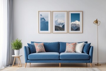 Blue Velvet Sofa with Mountain Artwork in a Modern Living Room