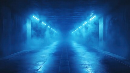atmospheric urban scene with a fogshrouded concrete floor stretching into darkness illuminated by mysterious blue light creating a moody cinematic ambiance
