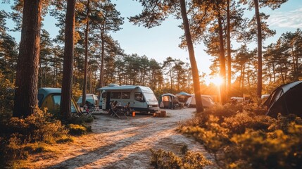 Golden Hour Camping Scenic View of RVs and Tents in a Tranquil Forest Setting at Sunset.