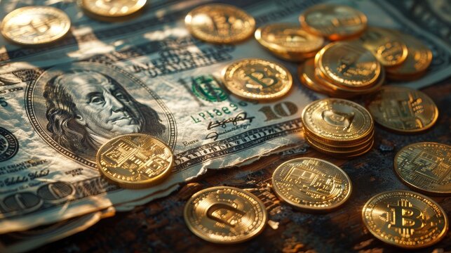 A close-up of gold coins scattered on top of a US dollar bill