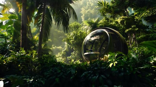 A futuristic space capsule in the middle of an jungle, A large windows overlooking dense jungle foliage	