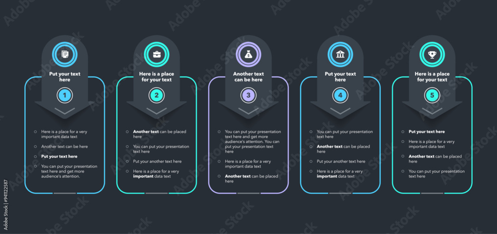 Aufkleber Simple horizontal process diagram divided into five options - dark version. Infographic template with minimalistic icons and place for your texts.