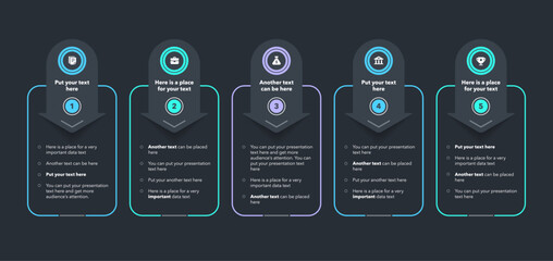 Simple horizontal process diagram divided into five options - dark version. Infographic template with minimalistic icons and place for your texts.