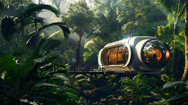 A futuristic space capsule in the middle of an jungle, A large windows overlooking dense jungle foliage	