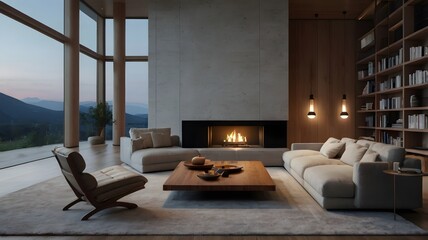 Obraz premium Cozy mountain retreat with luxurious modern interior and sunset views.