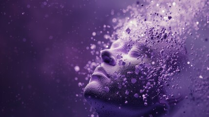 A surreal portrait of a face dissolving into particles with a dreamy, purple background, evoking a sense of ethereal transformation.