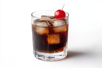 Black Cocktail In Rocks Glass On Ice With Cherry Garnish. Isolated On A White Background.