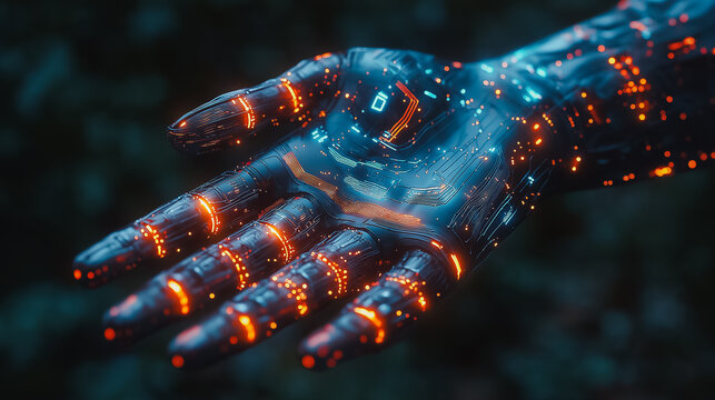 A hand made of wires and glowing lights