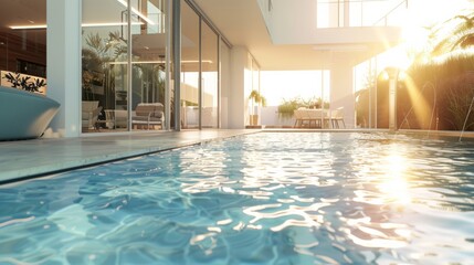 Fototapeta premium Luxurious outdoor pool reflecting the morning sun, with modern architecture and lush plants in the background.