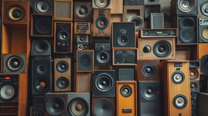 A wall covered with vintage speakers of various sizes and styles.
