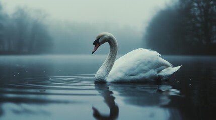Fototapeta premium Elegant swan glides gracefully on a misty lake, with its serene beauty reflecting in the tranquil waters.