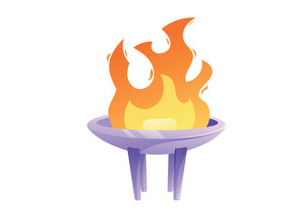 Silver bowl of the Olympic flame. Torch with burning flame. Vector isolated on white cartoon illustration of a bonfire.