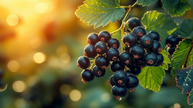 Wet black currant branch with berries in sunrise. Slow motion