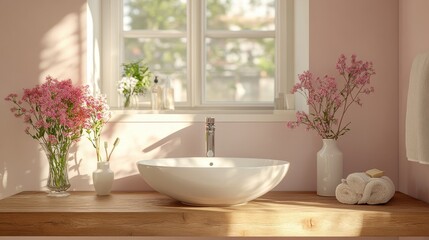 Elegant Bathroom Interior with Modern Sink and Fresh Flowers in Soft Natural Light