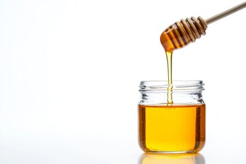 Carefully drizzling honey from a traditional wooden stick dipper into glass jar on white background