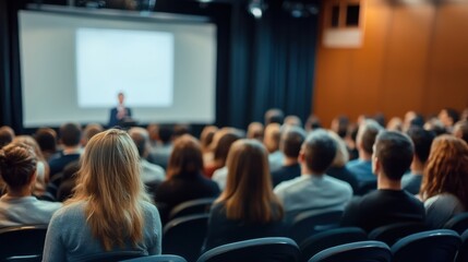 Audience watching speaker in auditorium, business presentation with copy space