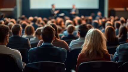 Audience watching speaker in auditorium, business presentation with copy space