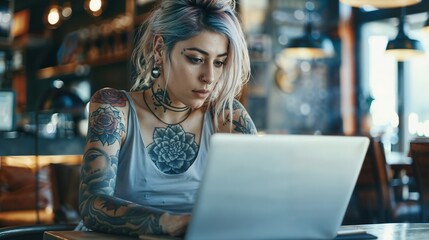 Obraz premium Tattooed young blonde girl with dyed hair using laptop in cafe. Alternative style with piercings, tattoos and body art visible. Casual attire, focused expression and blurred background