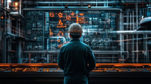 A worker in a hard hat stands in front of a large screen with data and graphics in an industrial control room.